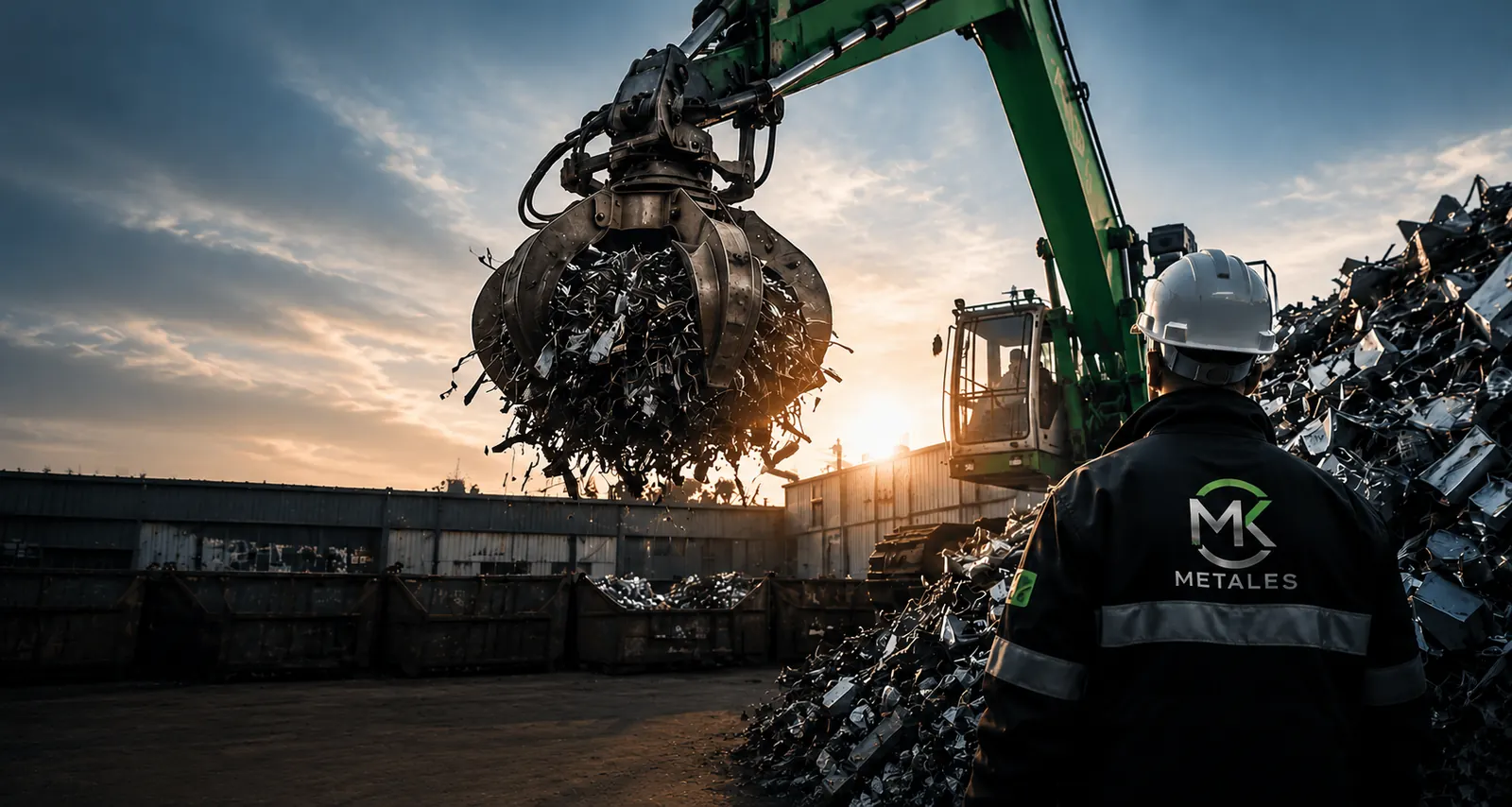 Operario de MK Metales en un predio industrial junto a una grúa que manipula scrap metálico